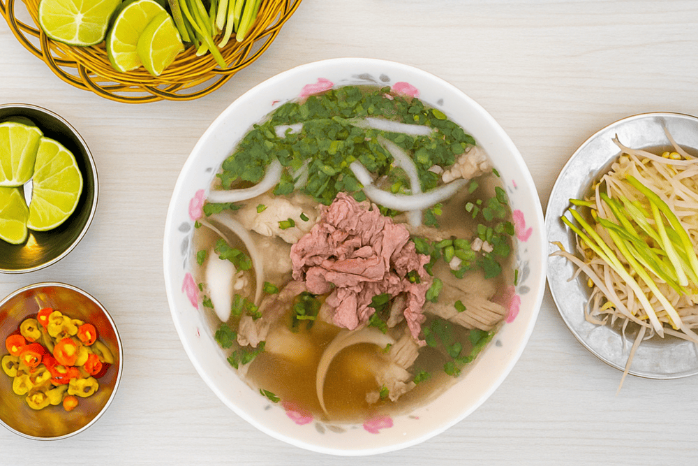 A rich bowl of pho with tender rare beef and bouncy beef balls in a fragrant broth